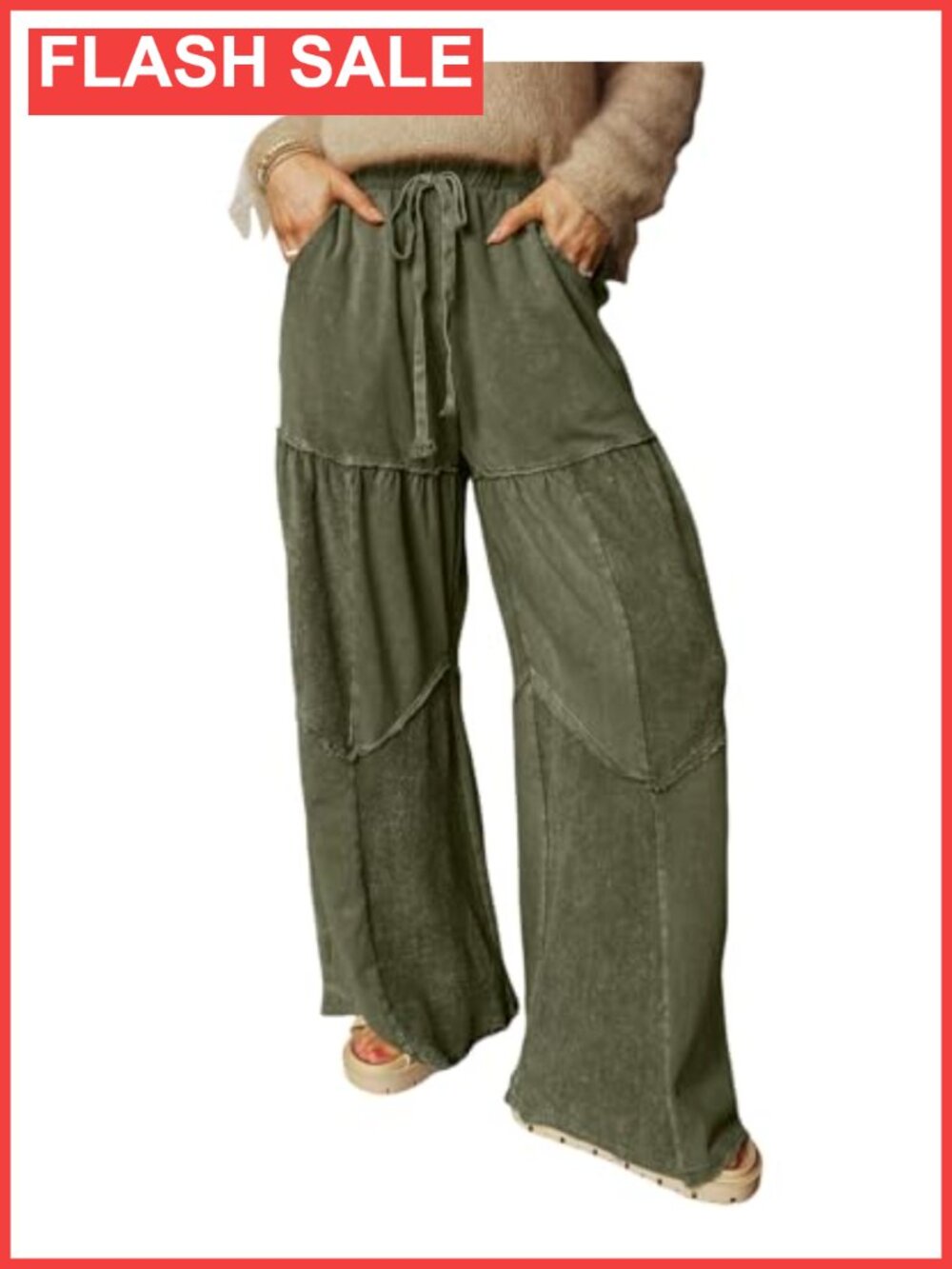 Wide Leg High Waist Pants Women Tiered Patchwork Pockets Trousers